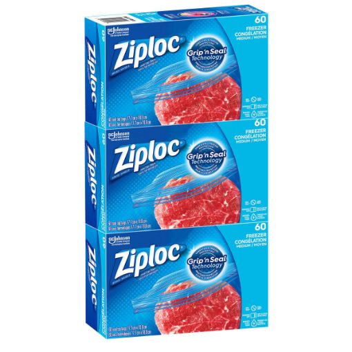 Picture of Ziploc Brand Medium Freezer Bags, 3 packs of 60