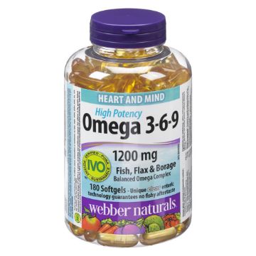 Picture of Webber Naturals Omega 3-6-9 High Potency 1200 mg Fish, Flax & Borage -180 softgels