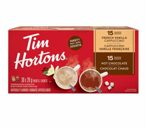Picture of Tim Hortons French Vanilla Cappuccino + Hot Chocolate Powder 28g X 30 Packs