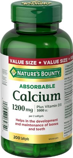 Picture of Nature's Bounty Calcium Pills plus Vitamin D3 Supplement, Helps maintain bones, 1200mg, 200 Softgels, Multi-colored, 200 Count